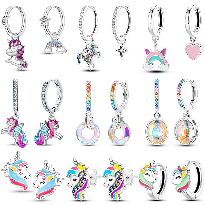 925 Silver Unicorn Rainbow Horse Sparkling Color Gemstone Women's Sweet Earrings Fit for Anniversary Engagement Delicate Jewelry