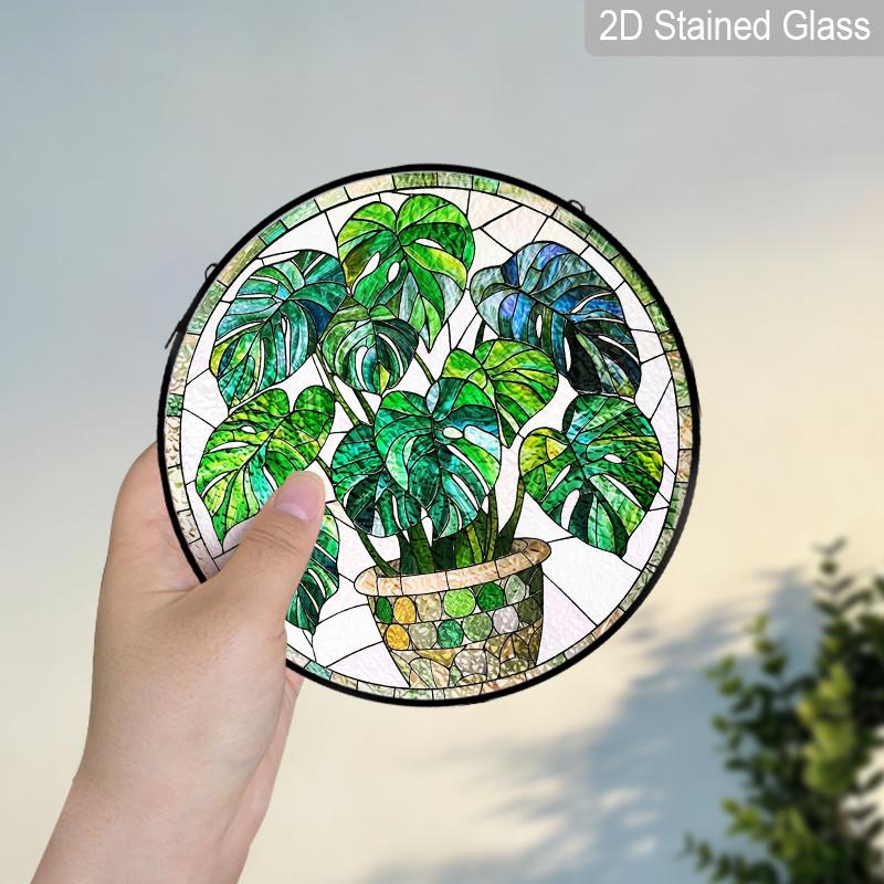 2D Flat Stained Glass Green Plant Monstera Deliciosa Window Decoration Colored Glass Plate, 7.87inches Hanging Ornament with Chain, Charming Spring