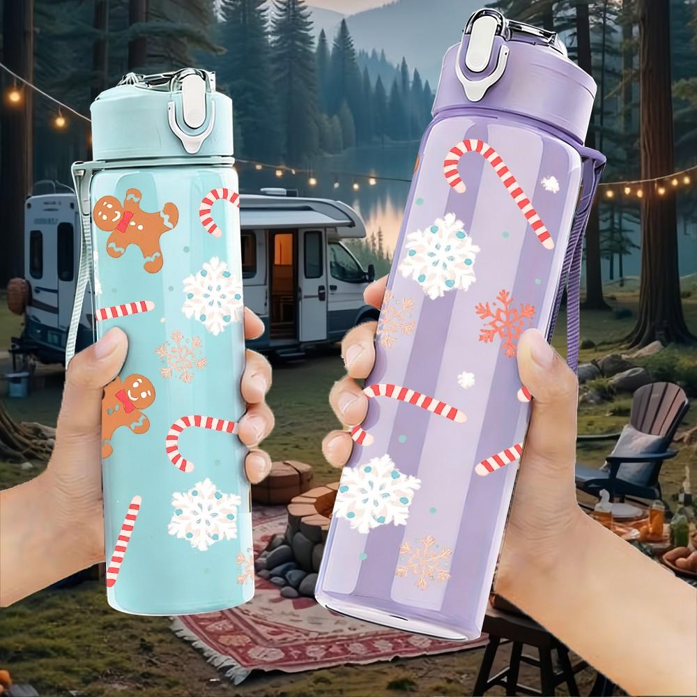 1PC Gingerbread Cookie Christmas Pattern 750ml Color Plastic Sports Water Bottle Leakproof Flip Straw Lid Suitable for Sports Office Home Use