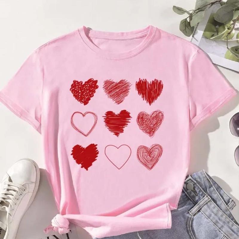 Red Heart Printed Women T-Shirts Fashion Streetwear Short Sleeve Tee Clothing Casual Soft Women Tops Valentine's Day T-shirt