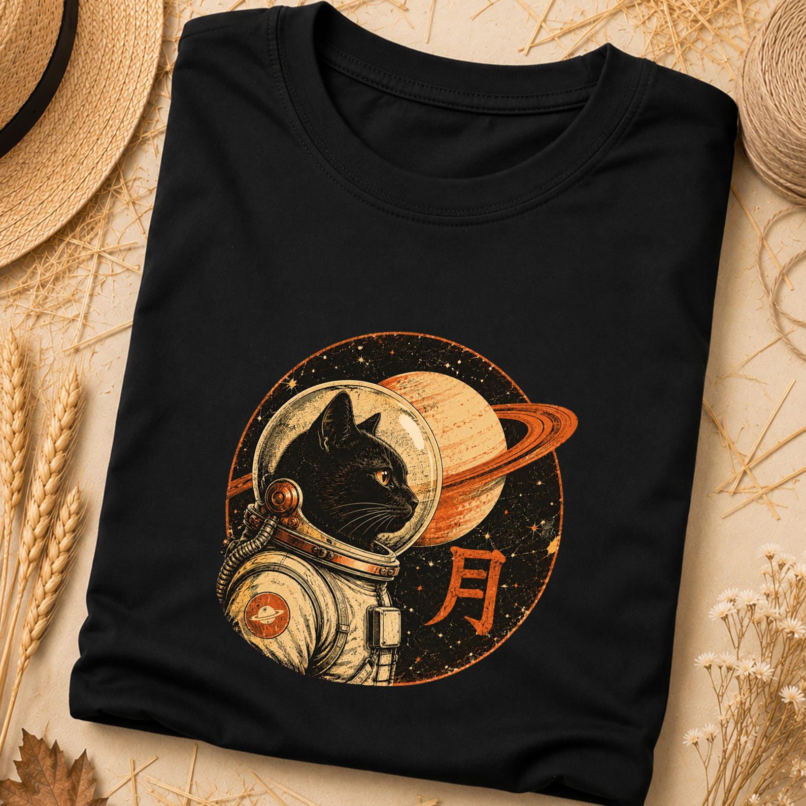 Japanese Space Cat T-Shirt, Japanese Vintage Graphic Tee, Japanese Vintage Space Shirt, Retro Kanji Cat Graphic, Mid Century Space Cat Shirt XL