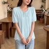 ZANZEA  Women Short Puff Sleeve V Neck Lace Trim Button Down Blouse