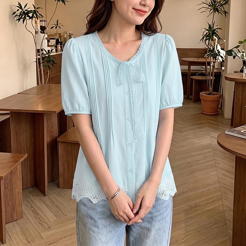 ZANZEA Women Short Puff Sleeve V Neck Lace Trim Button Down Blouse