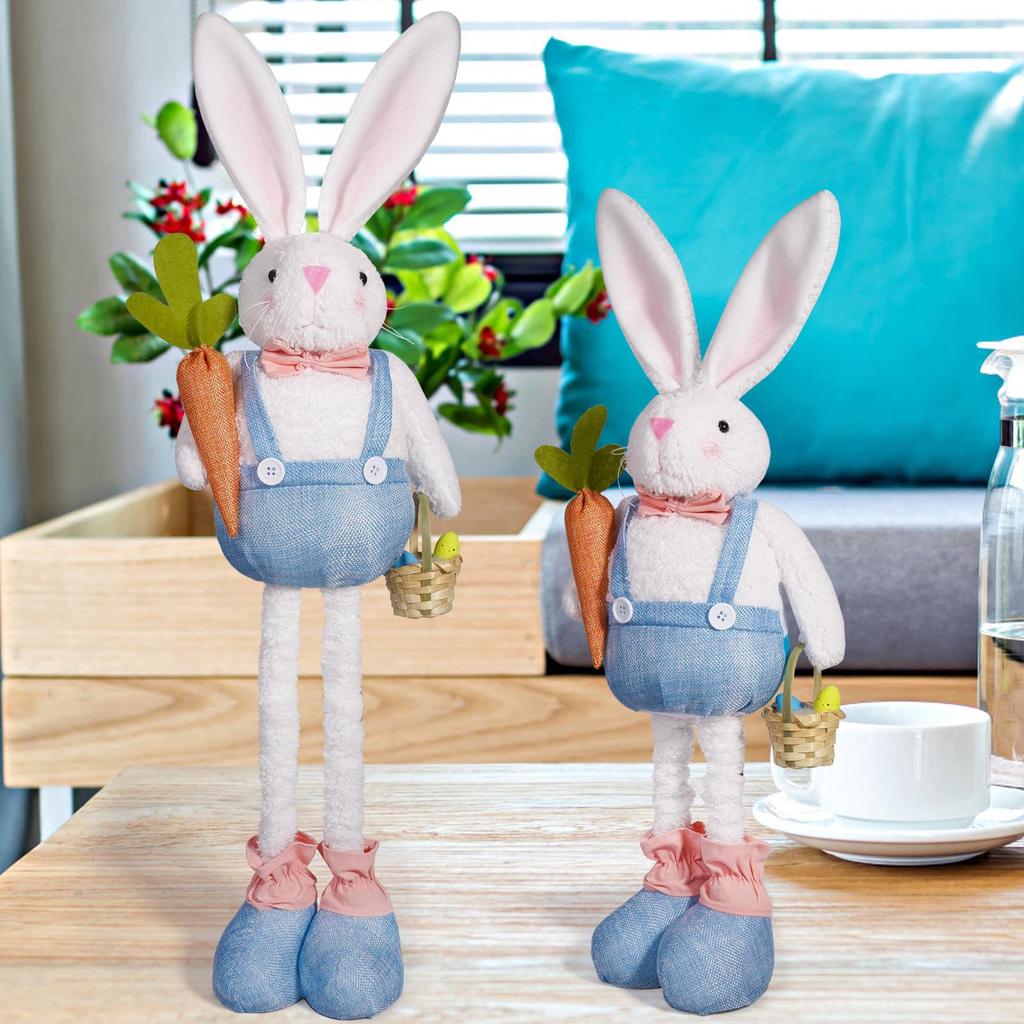 Easter Bunny Plush Toy with Extendable Legs and Carrot Basket Ornament