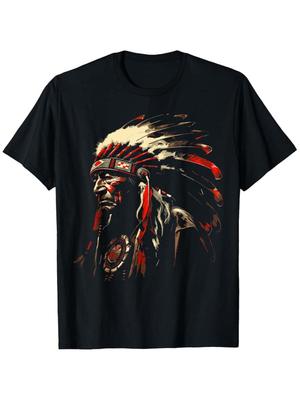Men' Retro Native American Indian Headdress T-Shirt - 100% Cotton Soft Breathabl