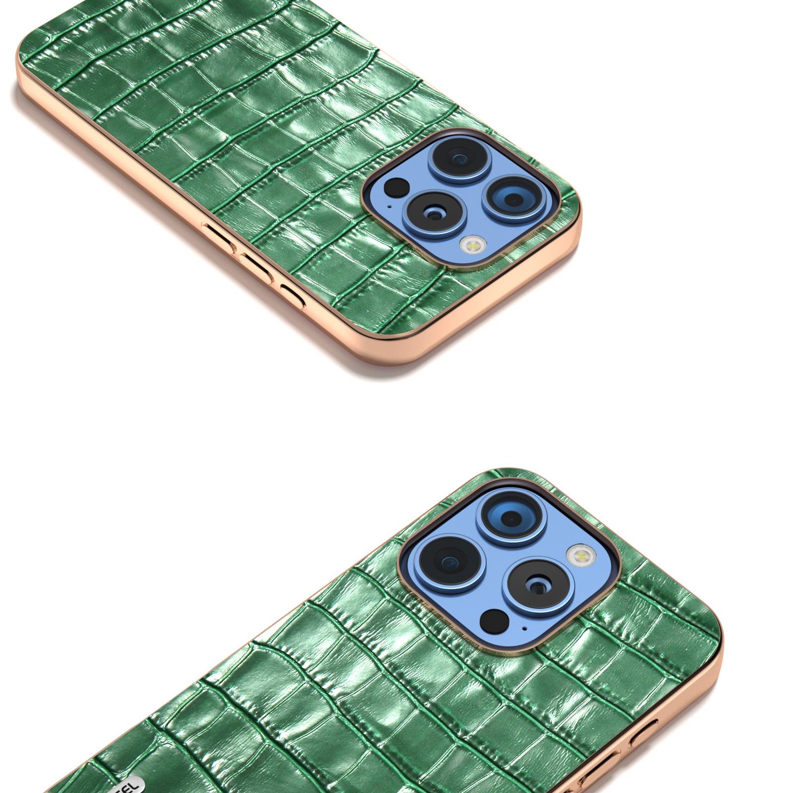 

ABEEL For iPhone 16 Pro Case Electroplating Phone Cover Crocodile Texture Genuine Cow Leather+TPU Protective Case Green