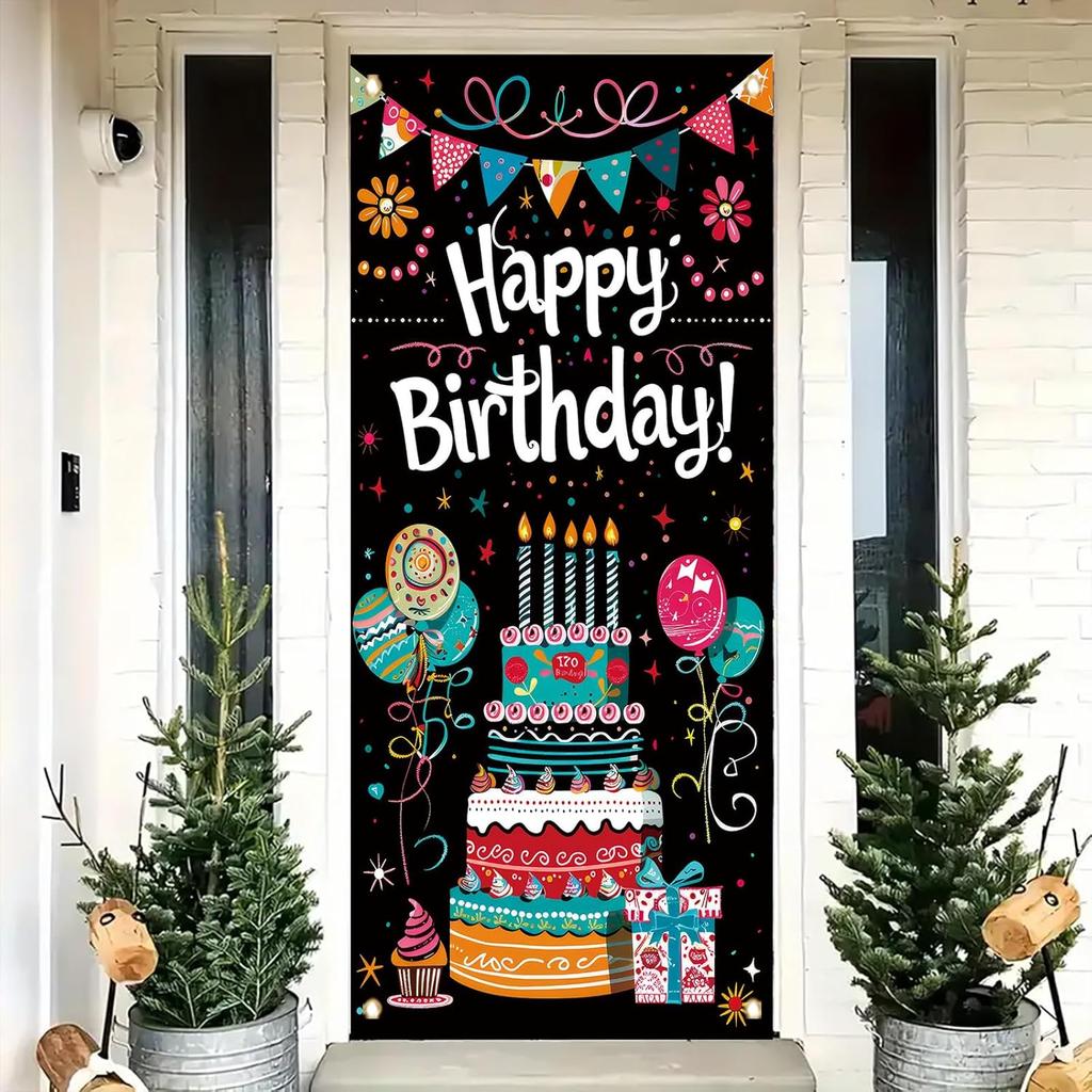 Birthday Door Cover Banner Colorful Cake Balloon Banner Party Decoration Hanging Backdrop for Kids Adults Birthday Celebration Entrance Photography