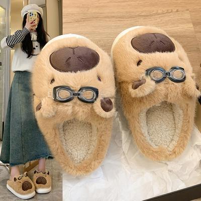 Cartoon Cute Glasses Baotou Hairy Shoes for Women 2024 Autumn/Winter New Design Comfortable and Warm Simple Slippers