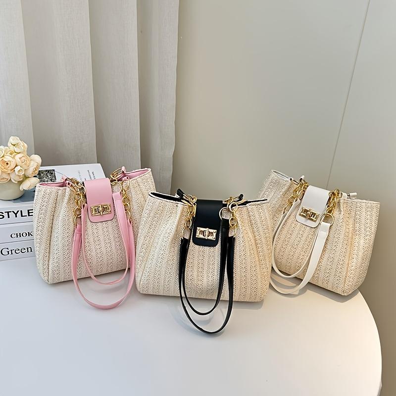 Sac à bandoulière élégant pour femme en tissu tissé grande capacité, bandoulière à chaîne parfaite pour les sorties décontractées et le shopping, sac cabas tissé