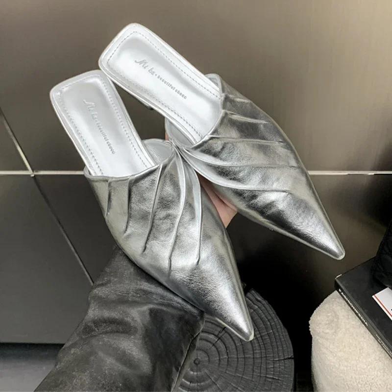 Fashion Elegant Women Slippers Pointed Toe Heels Mules Shoes Fashion Women's Sandals 2025 Summer Brand Flip Flops Luxury Mujer Zapatos