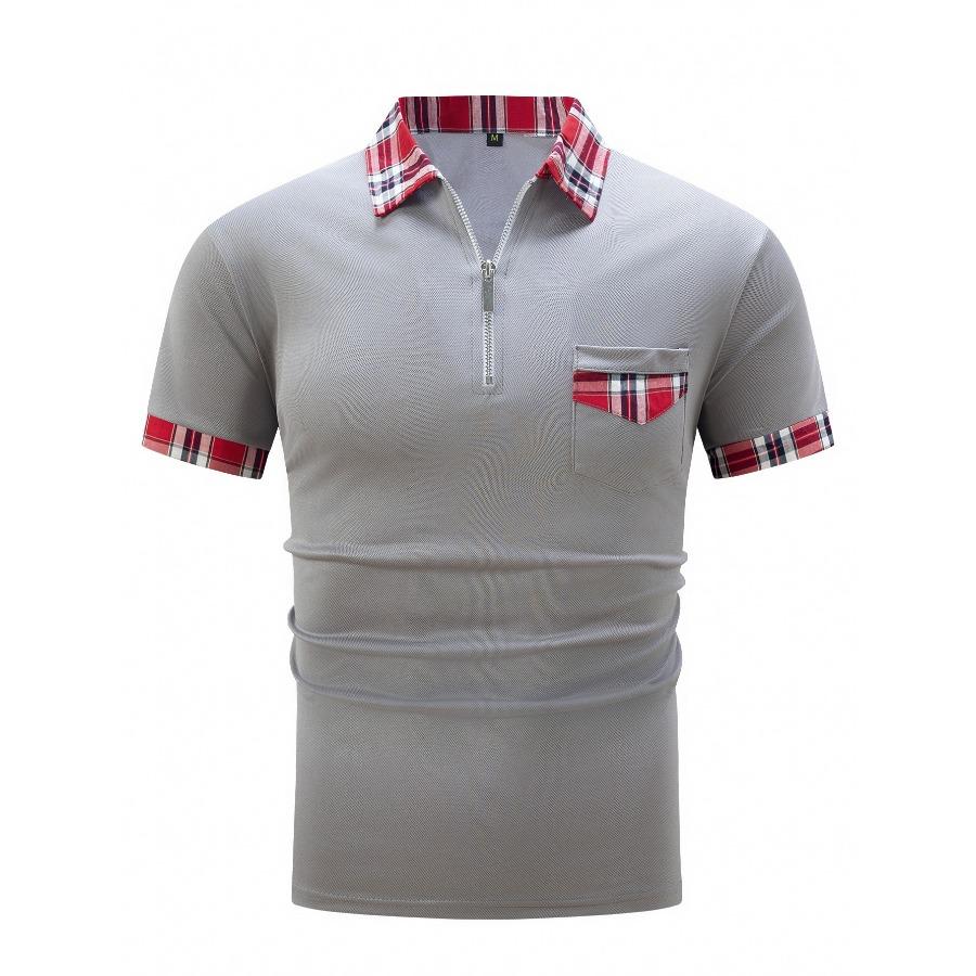 חולצת פולו משובצת קיץ גברים לבן שחור אפור כחול כיסים עם רוכסן לחולצות פולו ספורט שרוול קצר לגברים