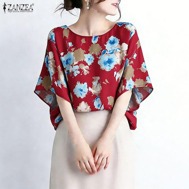 ZANZEA Women Casual Round Neck Half Sleeve Loose Floral Blouse
