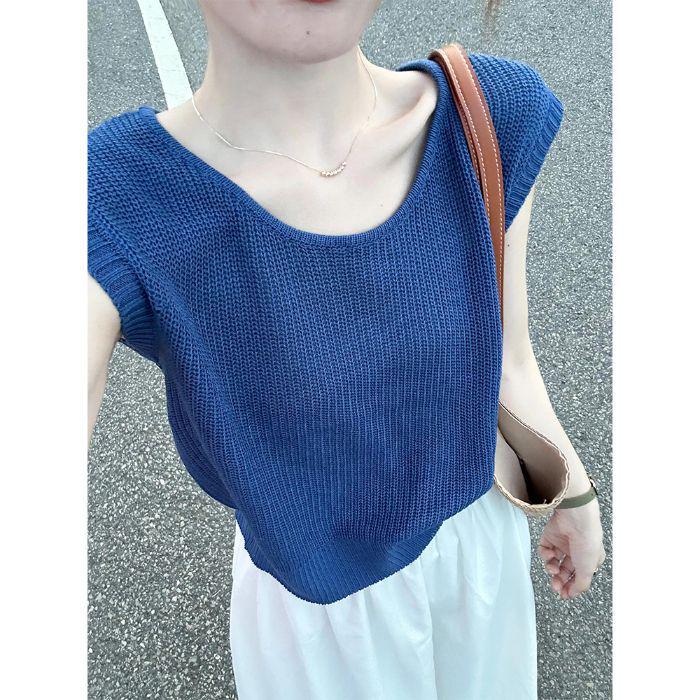 

Women s High-End Ice Silk Blue Knit U-Neck Short-Sleeve T-Shirt - Summer 2025 Collection One Size (Recommended for up to 125 lbs)