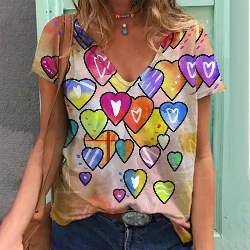 Colorful Love Butterfly Pattern 3D Printed Women's Casual V-neck Short Sleeved T-shirt