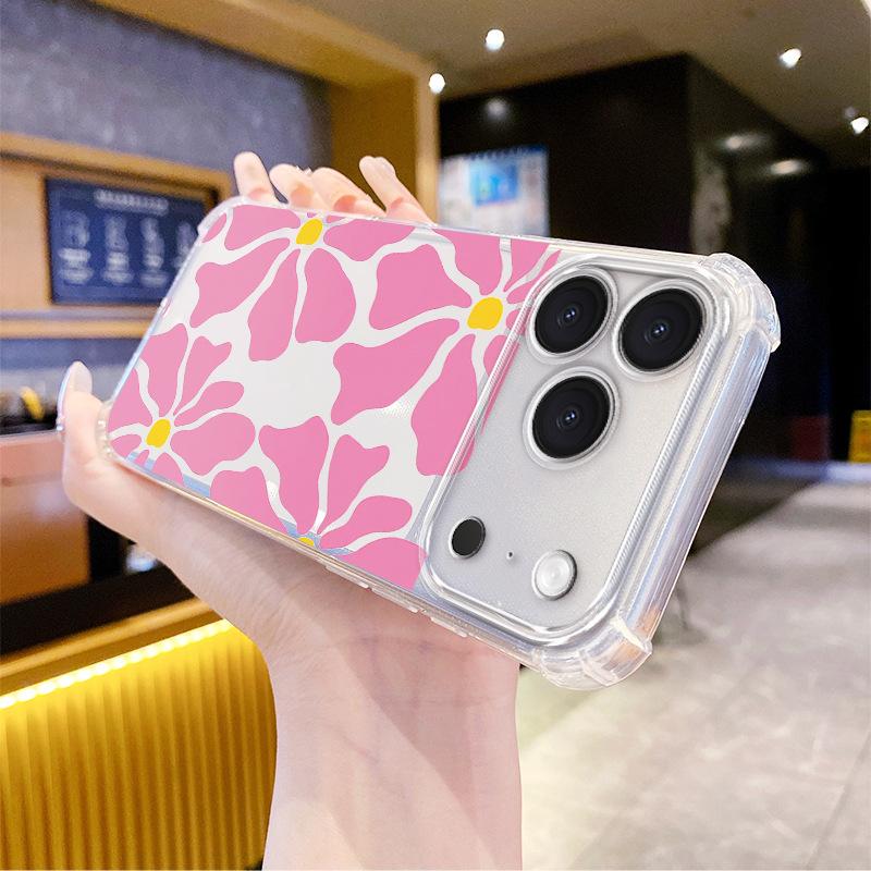 Popular pink flower mobile phone case Apple 16 literary style TPU transparent case iPhone17 soft case wholesale