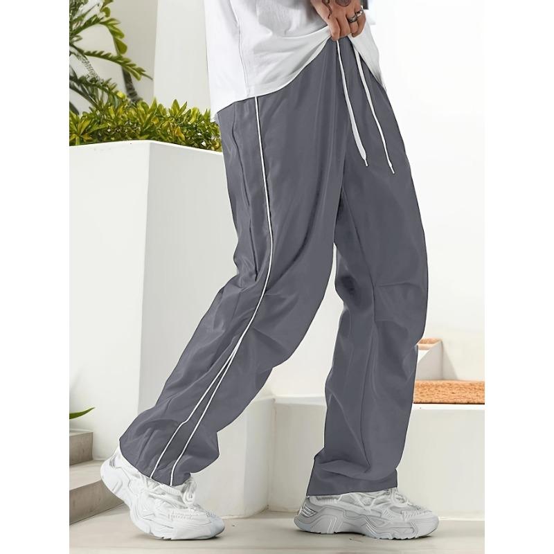 Men Drawstring Elastic Waist Contrast Side Line Wide Leg Pants Loose Casual Jogger Trousers