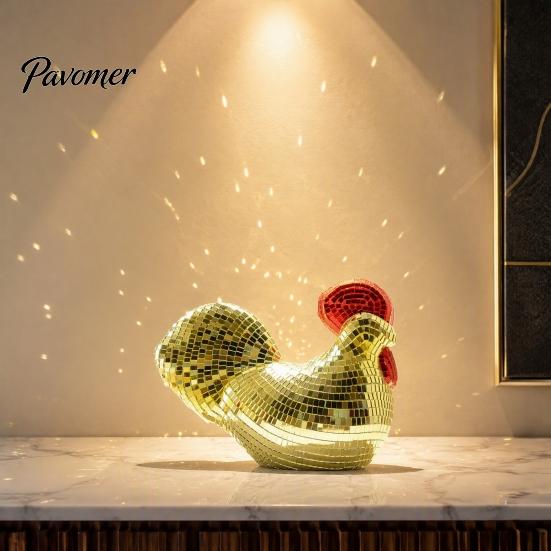 Eye Catching Desk Accessories Disco Ball Rooster Figurine, Mirror Mosaic Tabletop Ornament, Unique Retro Art Decorative Style Statue Sculpture