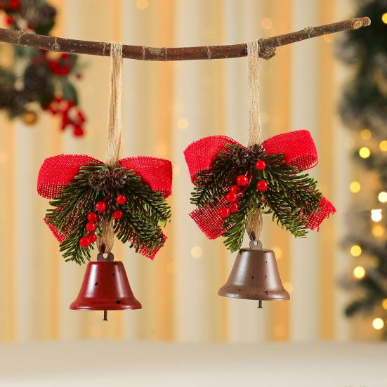 Christmas Tree Ornament Bow Pine Branches Decorative Bells Home Ambiance Doorway Wind Chime Decoration