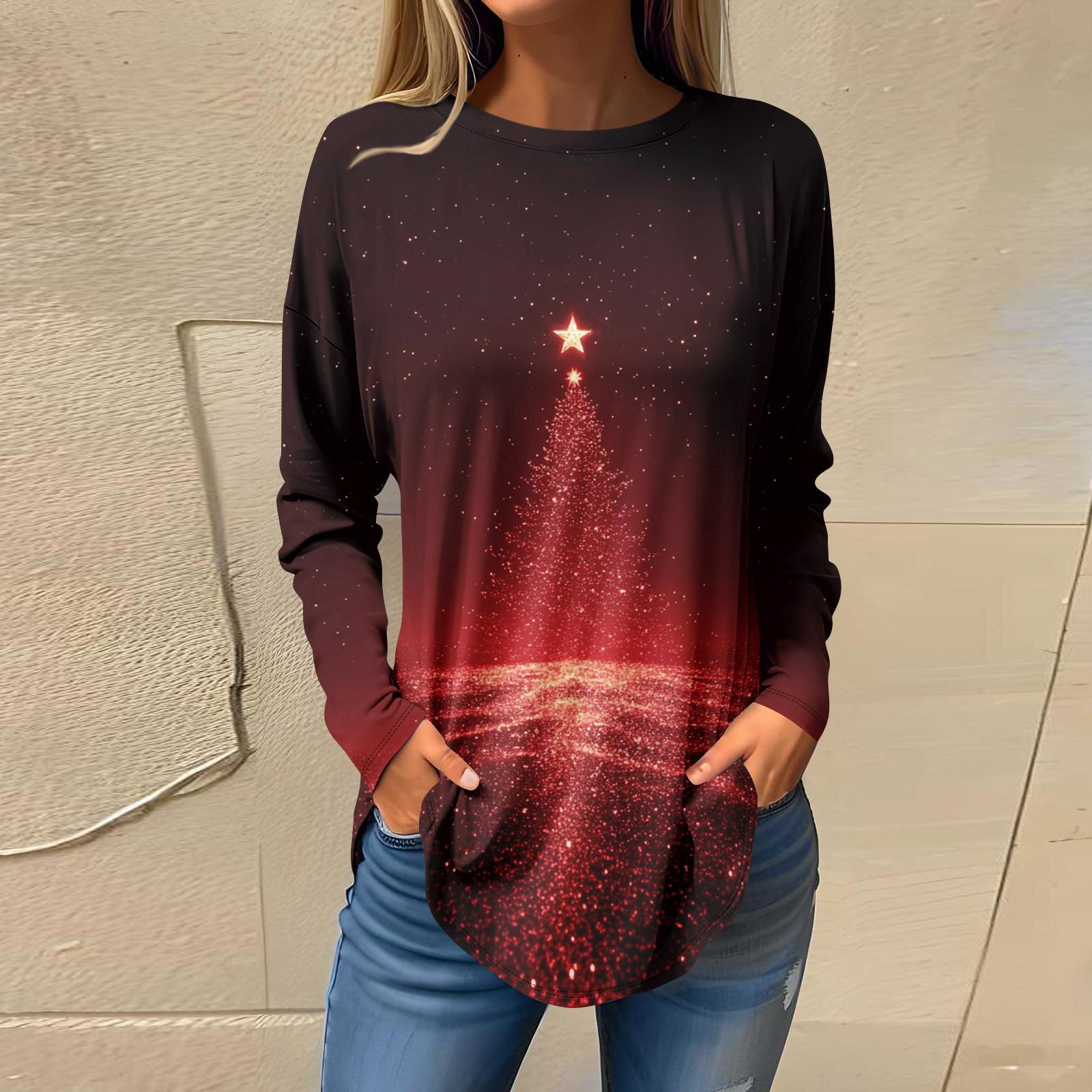 

Футболки для женщин, осенние повседневные рубашки с длинными рукавами, толстовка с ретро-принтом, топ для рождественской вечеринки, пуловер S