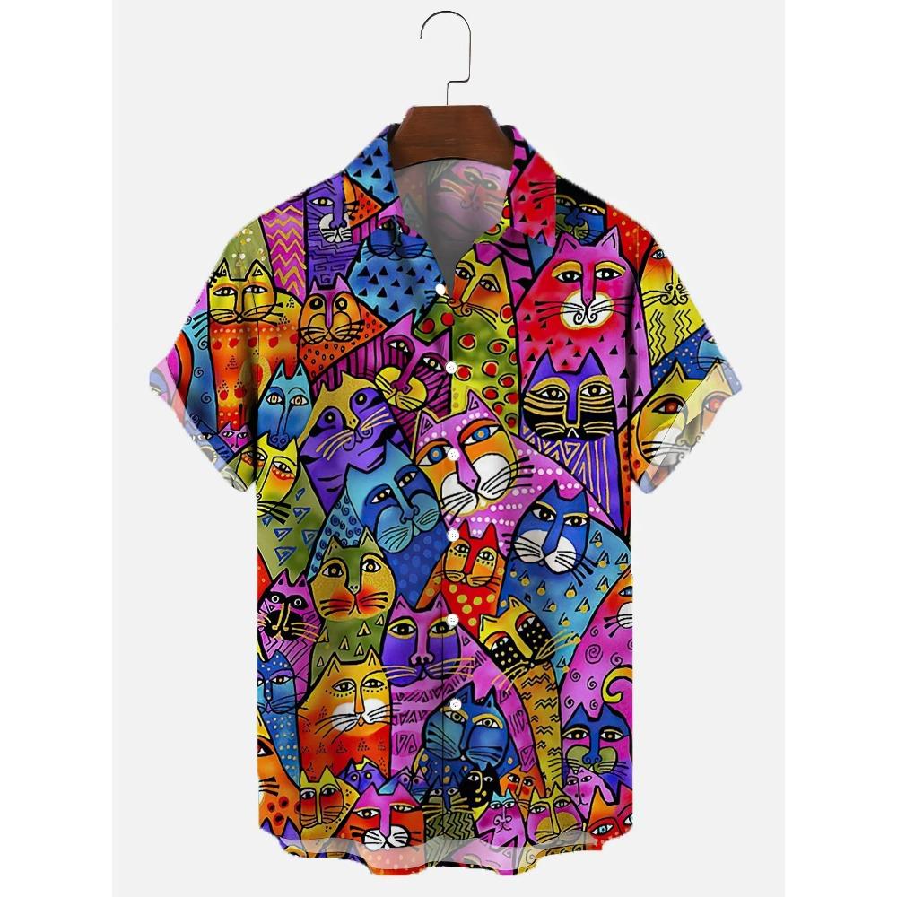 Cute Cat Pattern Print Men Short Sleeve Shirt Summer Men Fashion Loose Shirt Tops