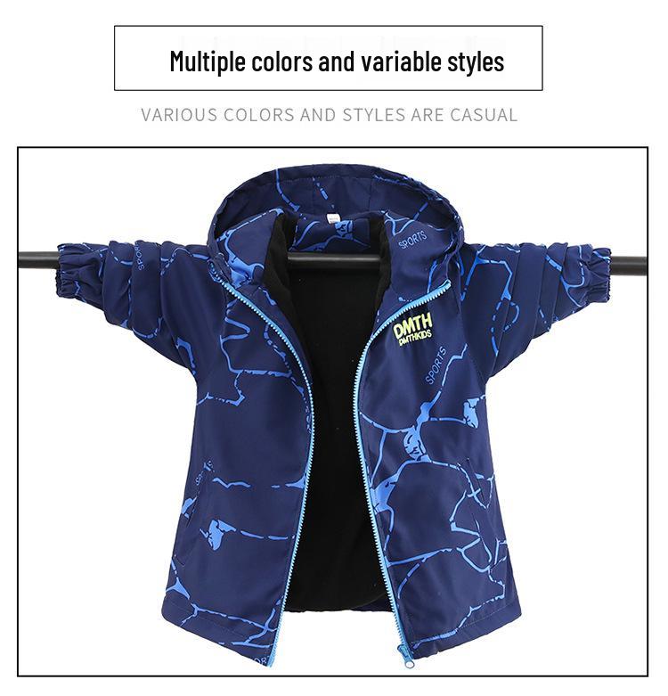 Boys' Fleece-Lined Windbreaker: 2025 Spring/Autumn New Trench Coat, Windproof Jacket for Middle & Big Kids