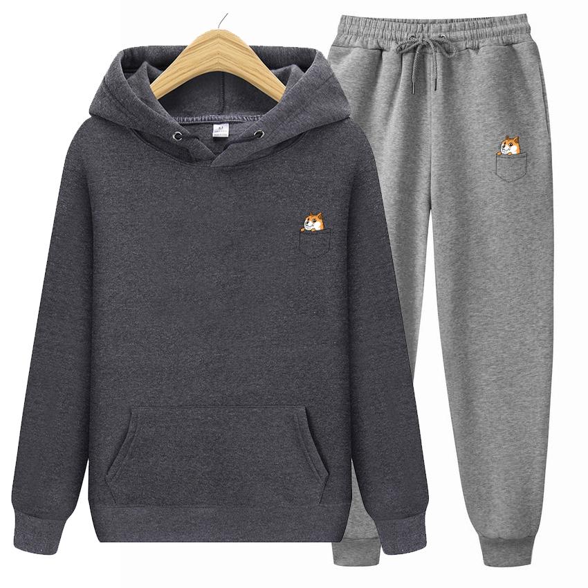 Nové Dámské Podzimní Kapsa Kočka Nápis Potisk Mikiny+Kalhoty Ležérní Mikiny Mikina Sportovní oblečení Pánská Fleecová Bunda s Kapucí