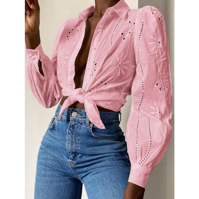 Elegant Loose Fashion Lace Women Shirt Casual Hollow Out Puff Long Sleeve Top Single-breasted Office Blouse Solid Sweet Simple Lapel Women's Clothing