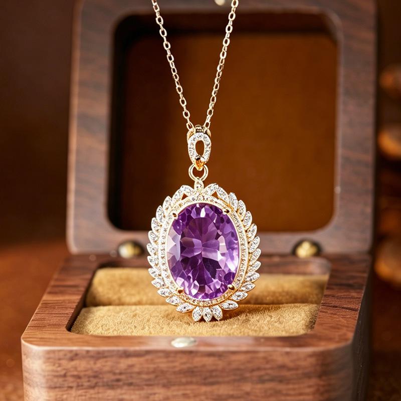 Large Amethyst & Citrine Pendant Necklace for Women, S925 Silver Clavicle Chain, Colored Gem Jewelry