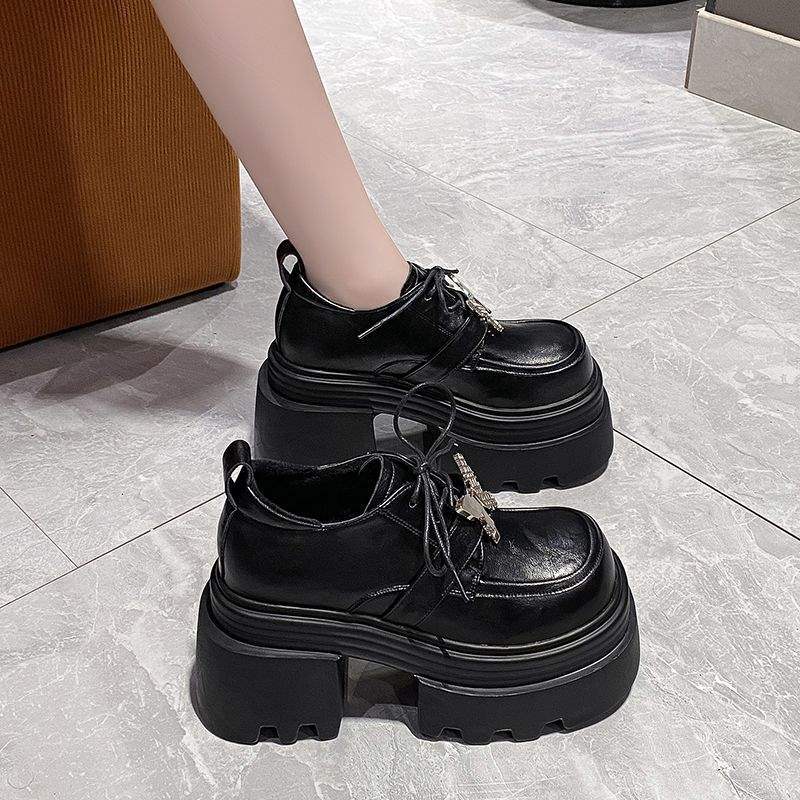 British style platform thick-heeled loafers women's 2025 autumn and winter new velvet fashion versatile black high-heeled small leather shoes