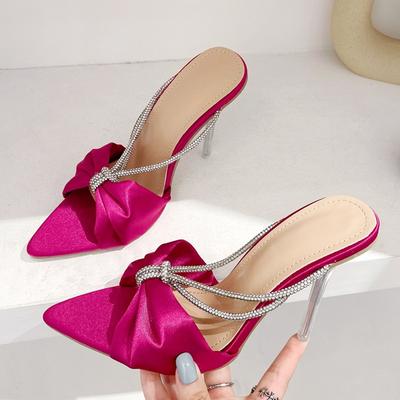 Mode Nouvelle Arrivée Vert Soie Cristal Mule Talons Hauts Pantoufles Sandales Bout Pointu Lanières Slides Chaussures de Soirée Escarpins Femme