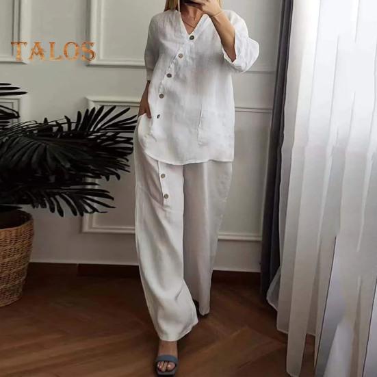 Ensemble chemisier et pantalon 2 pièces, col en V, boutons décoratifs, manches trois-quarts, haut, jambe large, taille élastique, pantalon OL, tenue décontractée pour la maison