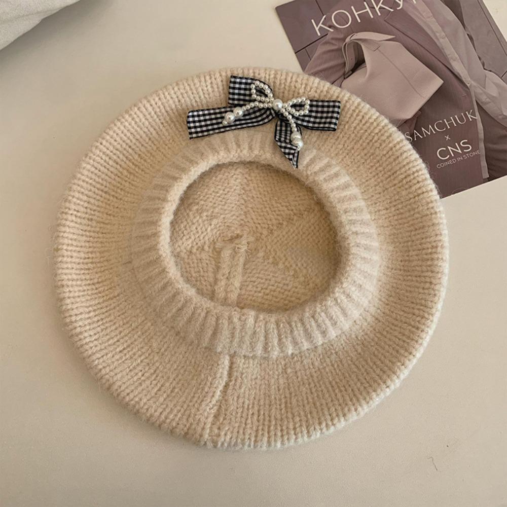 Solid Color Knitted Beret Hat Pearl Plaid Beret for Women Autumn and Winter Warmth