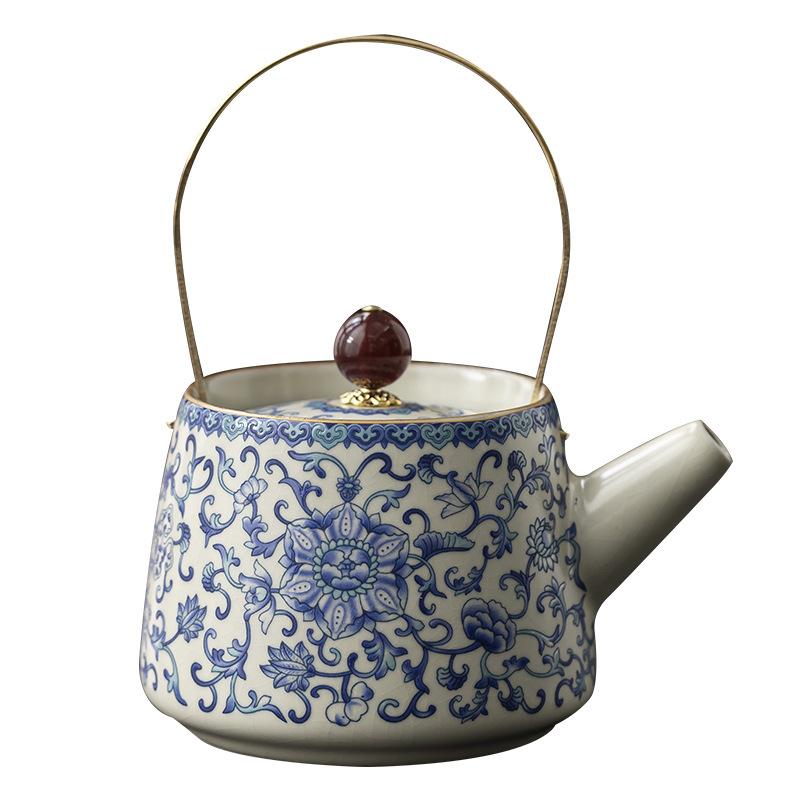 Beige Ru Kiln Teapot Household Brewing Teapot Kung Fu Tea Set Retro Single Pot Filter Chinese Beam Pot High-grade Blue and White