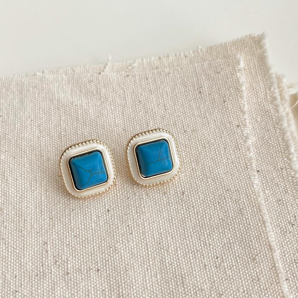 Sculptural Turquoise Earrings and Bracelet Set, Handmade Vintage Boho Jewelry, Unique Dainty Adjustable Retro Gift for Women, Coordinated Accessory
