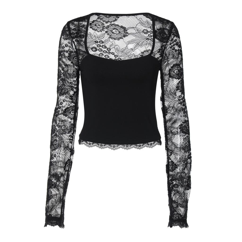 Women Fashion Square Collar Patchwork Lace Floral Print Long Sleeve Sexy Crop T-Shirt Sheer Summer Clothes Party Club