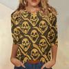 Women Casual Three Quarter Sleeve Halloween Skull Print Round Neck Top Lightweight Comfortable Fit Blouse for Everyday Wear