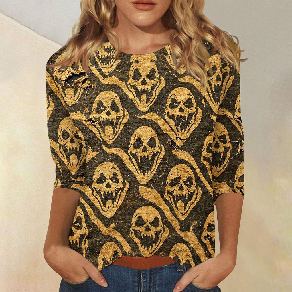 Women Casual Three Quarter Sleeve Halloween Skull Print Round Neck Top Lightweight Comfortable Fit Blouse for Everyday Wear
