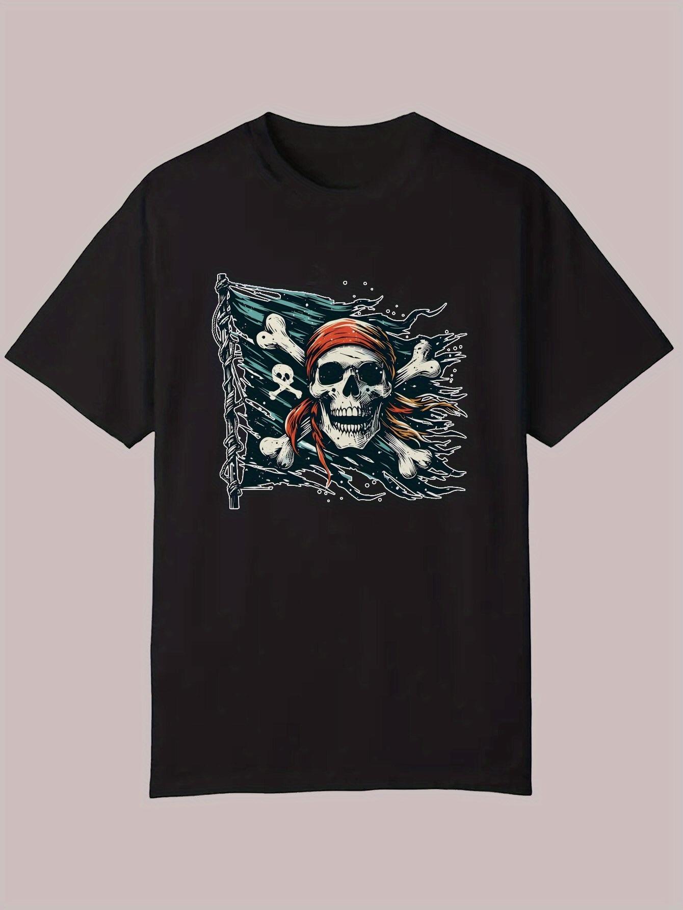 Casual Summer T-shirt - Black Skull & Pirate Flag Design XXL