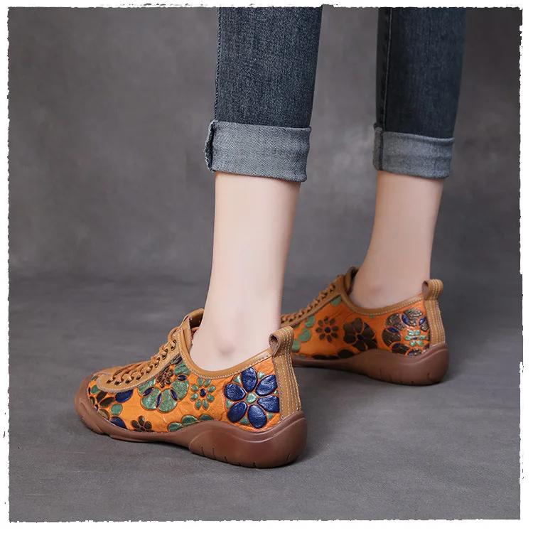 Johnature Ethnic Style Retro Handmade Genuine Leather Soft Soled Shoes Cowhide Lace-up Women's Flat Shoes