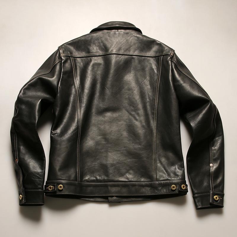Vegetable tanned oil wax cowhide leather jacket men's retro lapel locomotive replica denim leather jacket