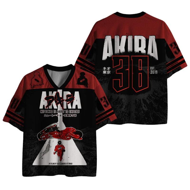 Men s Oversized AKIRA Anime Mesh Jersey T-shirt, Retro Kaneda & Red Bike Print, Casual Streetwear V-Neck Short Sleeve Top S