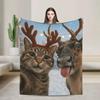 Funny Cat Selfie with Reindeer Christmas Holiday Meme Plush Blanket for Kids and Adults Soft Warm Flannel Throw Blanket for Bed