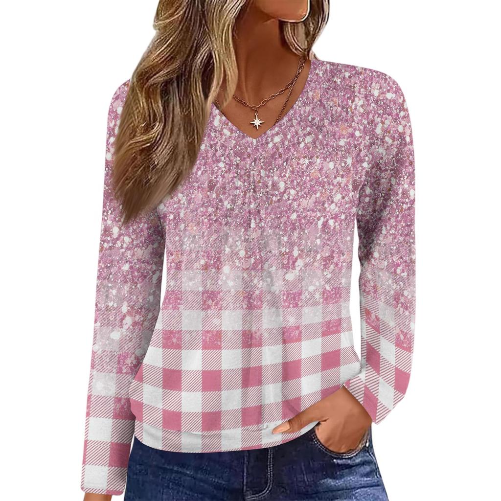 Women's Casual Fashion V-Neck Raglan Pleated Floral Print Long Sleeve Top