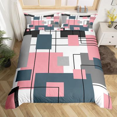 Geometrisches Gitter Bettbezug Einzelbett Doppelbett Queen Size Geometrisches Quadrat Deckenbezug Modern Abstrakte Linien Bettwäsche-Set mit 2 Kissenbezügen