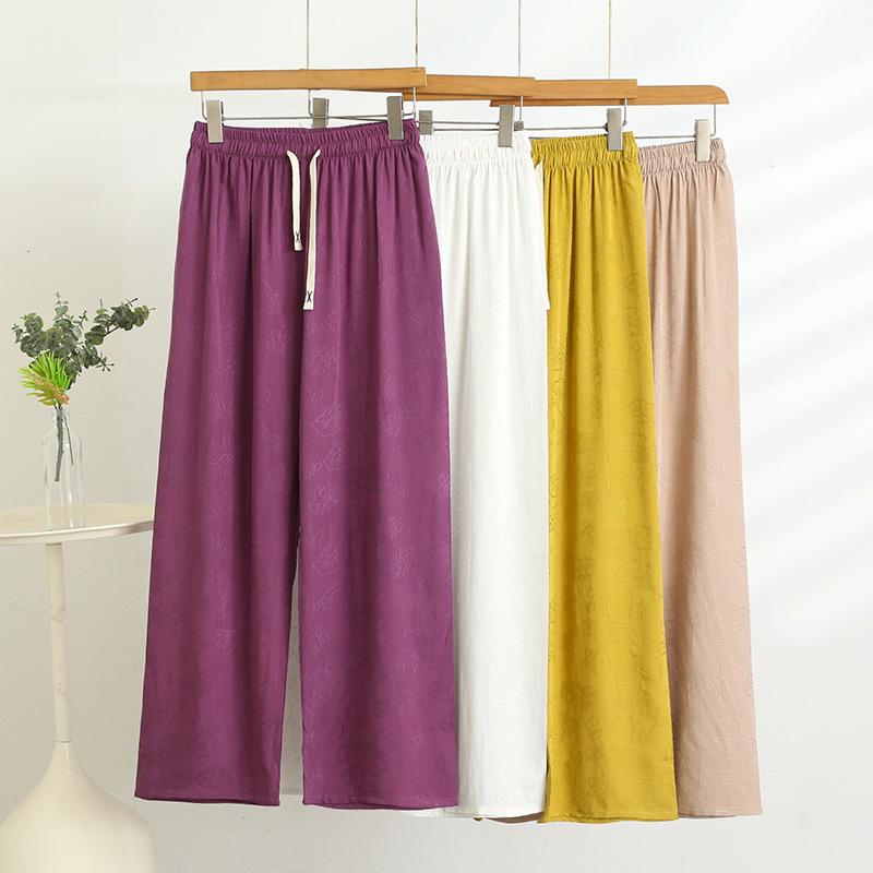 

2025 Summer Women s High-Waist Jacquard Cotton-Silk Wide-Leg Pants 3XL 90-125 jin