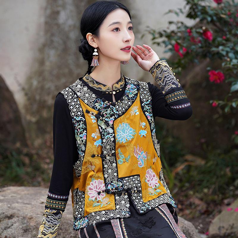 

Этнический женский ретро вышитый жилет - Безрукавная куртка в стиле гуофэн M жёлтый