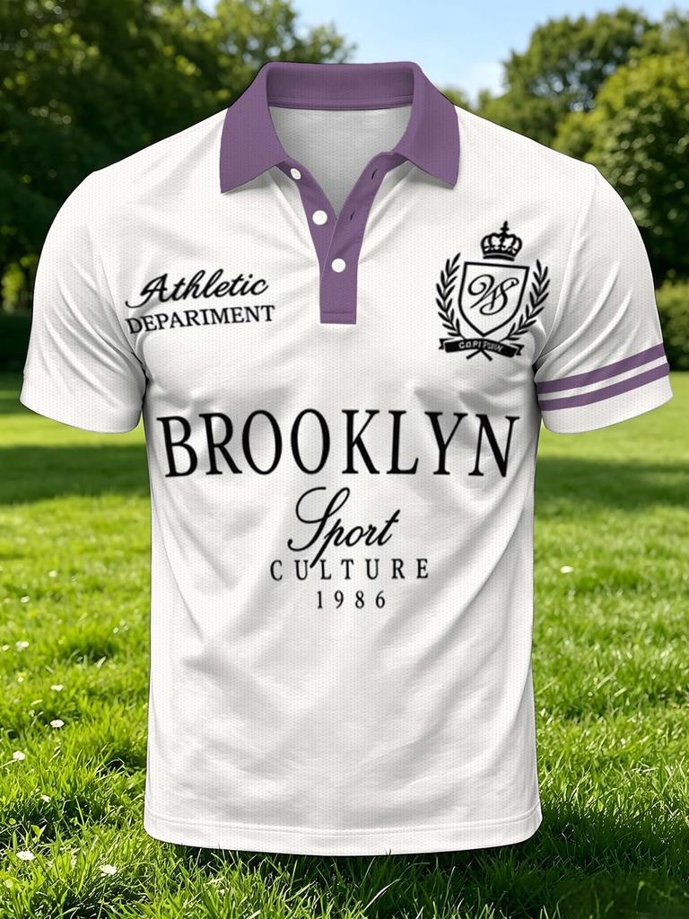 Men's Outdoor Short-Sleeve Polo Shirt with Printed Design (Not Textured), Available in Multiple Sizes. Men's Lapel Polo with Contrast Color English