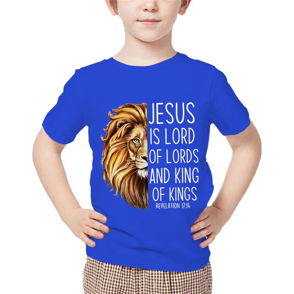Kids Animal Tshirts Jesus Letter Graphic T Shirts Short Sleeve Clothes Child Boy Tee Shirts Cartoon Lion Print Children Clothes