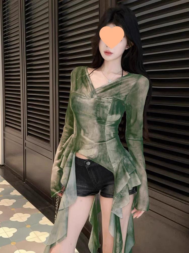 French Style Ruffle Print Sheer Slim-fit Summer T-shirt for Women