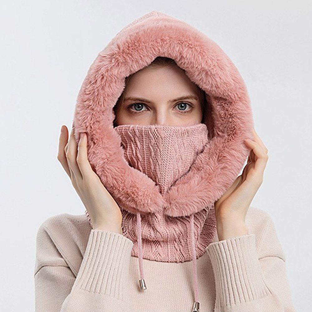 Cappello da sci lavorato a maglia 3in1 da donna invernale con sciarpa scaldacollo cappuccio foderato in pile maschera per il viso passamontagna per adulti per gli sport all'aria aperta